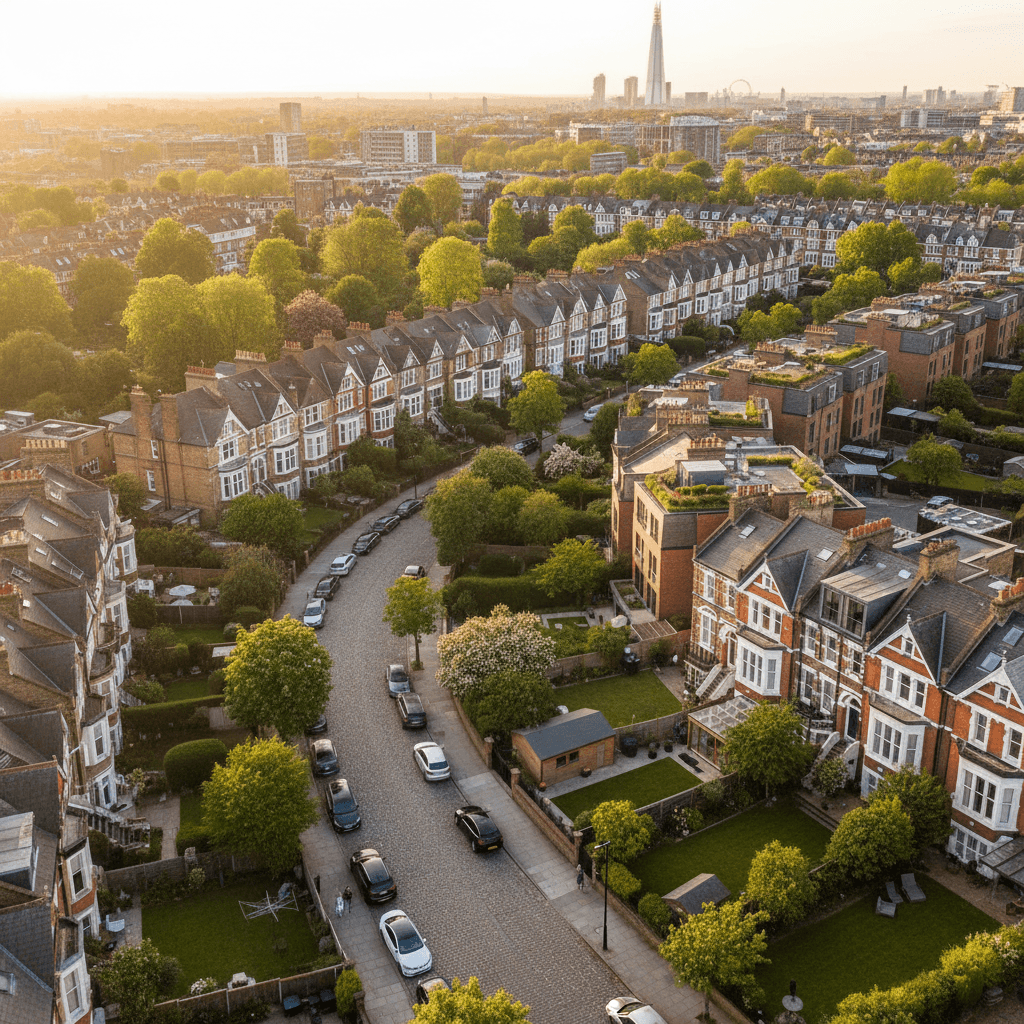 A golden-hour aerial view of London rooftops