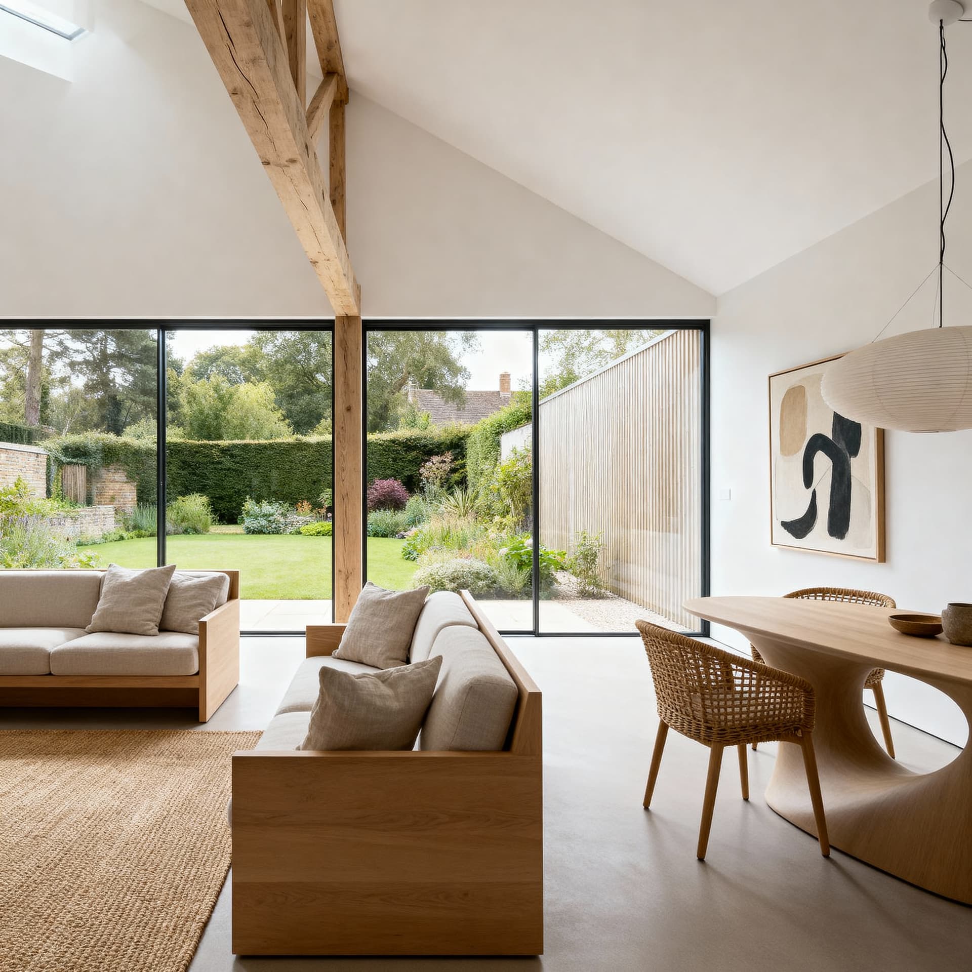 A barn conversion with exposed oak trusses and full-height glazing to the garden