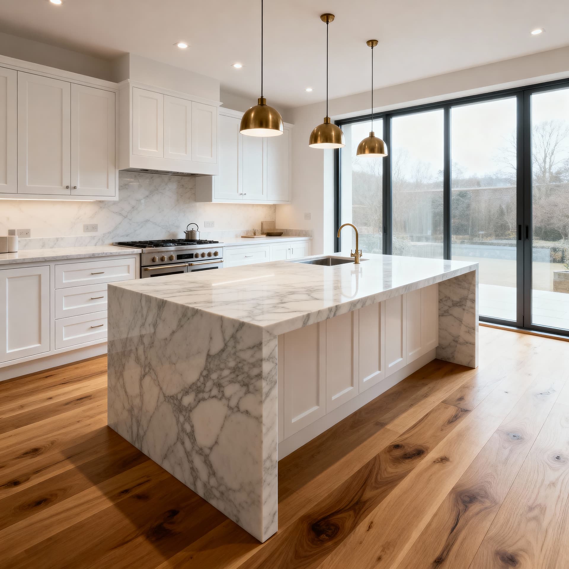 A renovated kitchen with a marble waterfall island