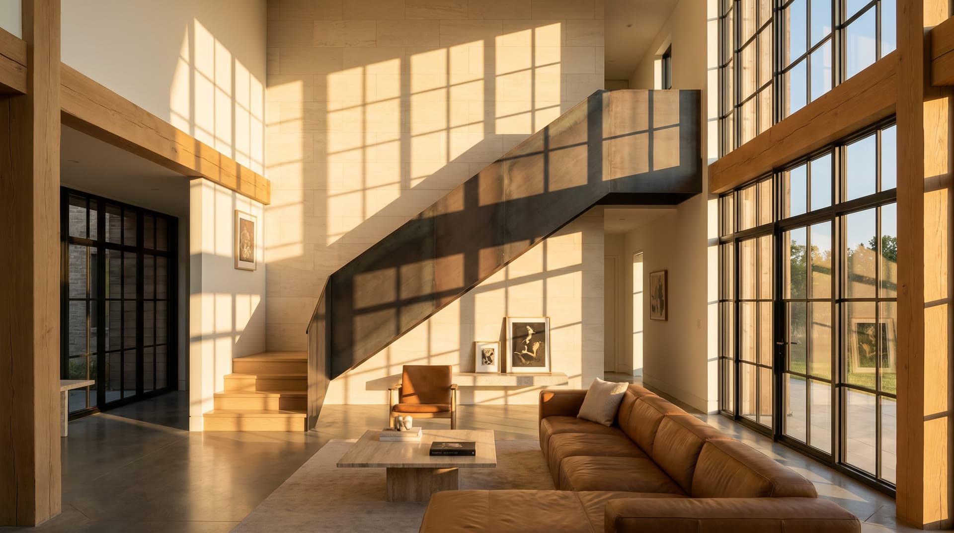 A dramatic double-height living space with raking light