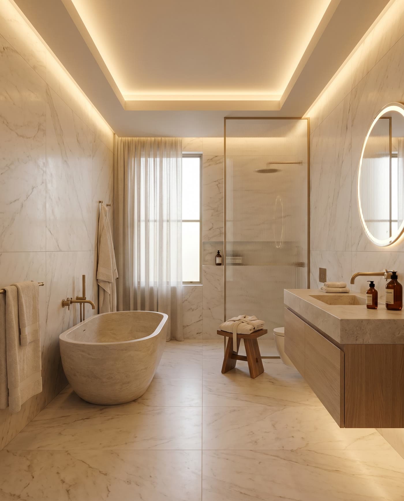 A spa-like marble bathroom with a freestanding stone bath and brass fittings