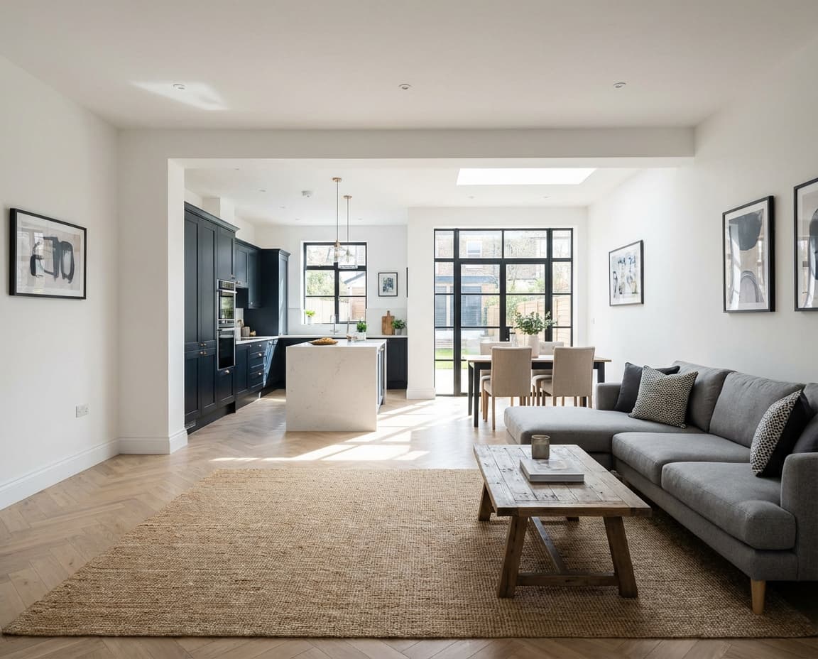 A renovated open-plan living room with a grey sofa, jute rug and dark kitchen beyond