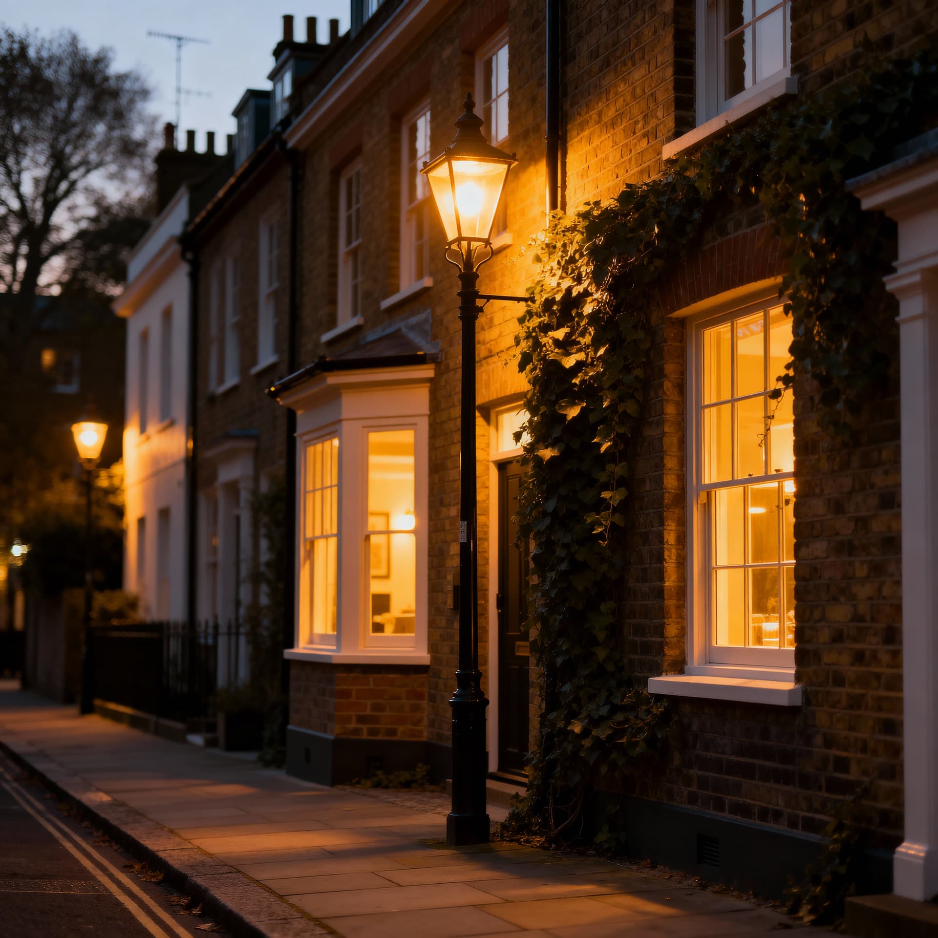 A dusk view of a terraced street with warm-lit windows