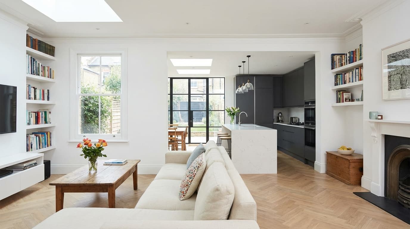 A bright open-plan rear extension with full-height glazing onto a garden