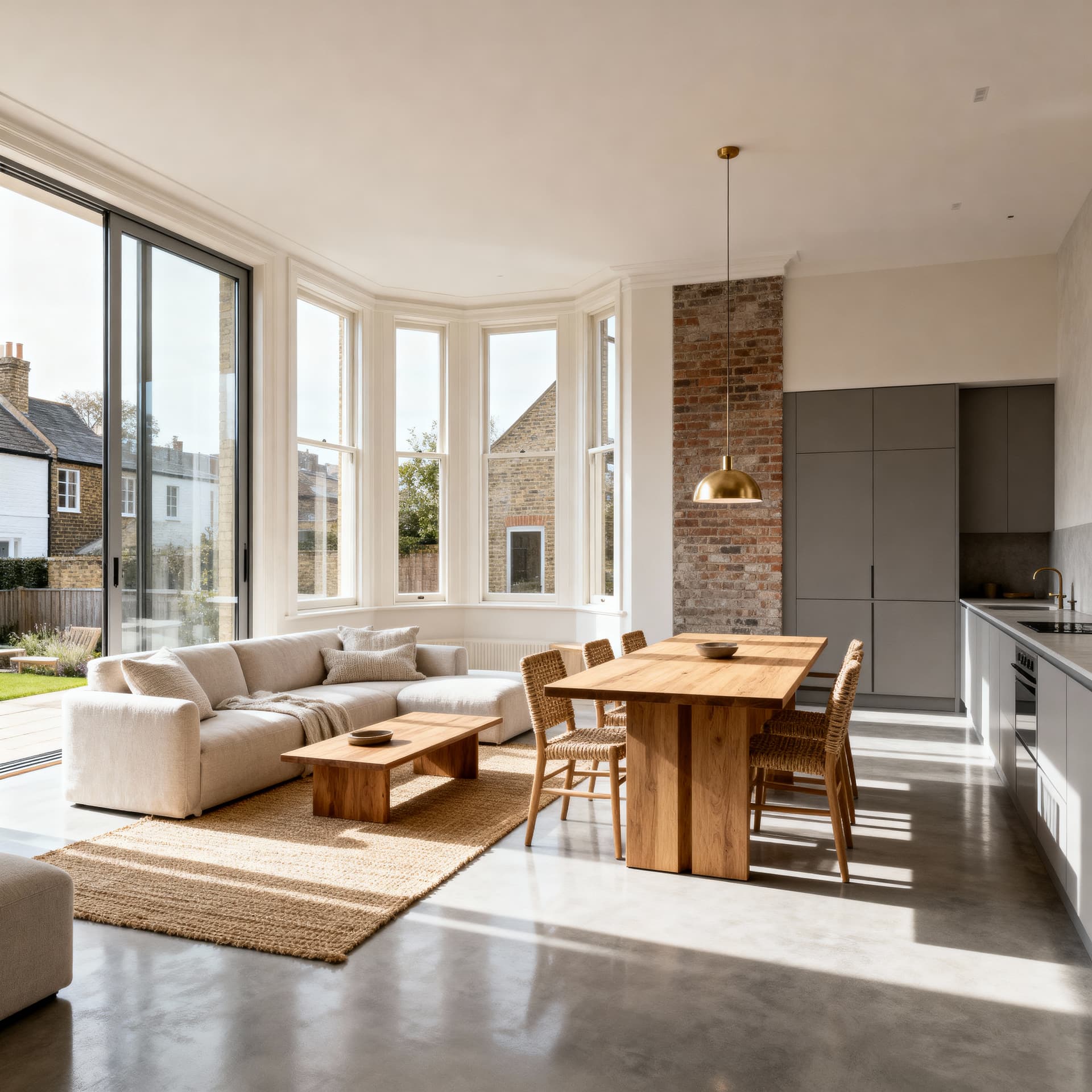 A renovated open-plan living space with an exposed brick chimney breast